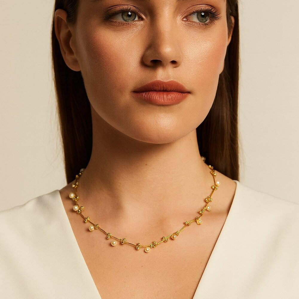Elegant Gold Tone Pearl Accent Necklace 16 Inches - Picture 1 of 9